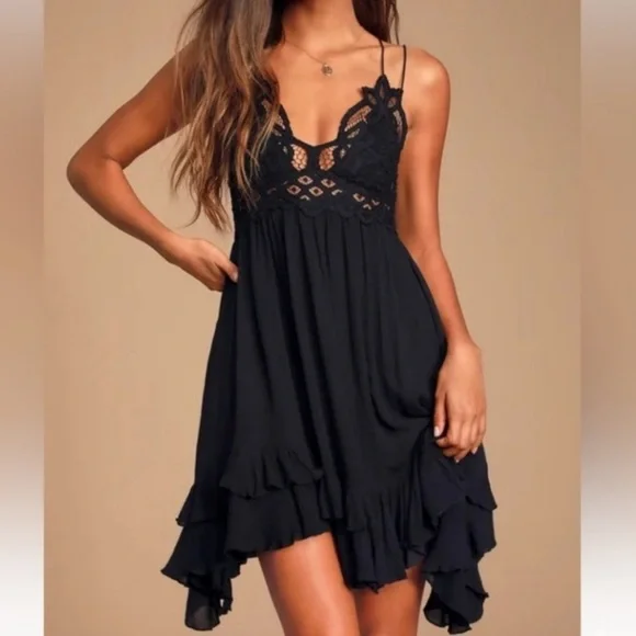 Free People | Dresses | Free People Adella Black Mini Dress Lace Smocked  Chemise Xs Nwt | Poshmark